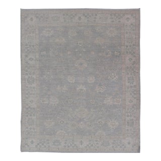 Modern Oushak With Floral Motifs With Cream, Grey, Blue, and Powder Blue For Sale