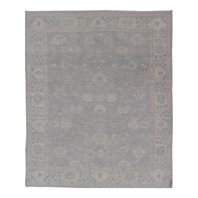 Modern Oushak With Floral Motifs With Cream, Grey, Blue, and Powder Blue For Sale
