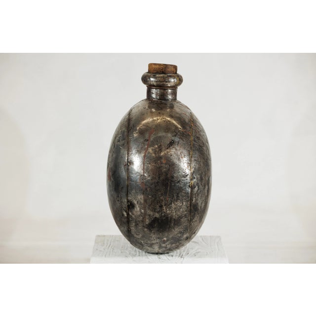 Vintage Indian Metal Water Vessel with Circular Body and Wooden Cork Top For Sale - Image 12 of 12