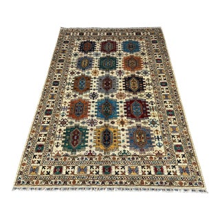 Ivory & Blue Afghan Sultani Natural Dye Wool Rug, Tribal Geometric Medallions, 6′8″ × 9′11″ For Sale