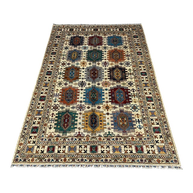 Ivory & Blue Afghan Sultani Natural Dye Wool Rug, Tribal Geometric Medallions, 6′8″ × 9′11″ For Sale
