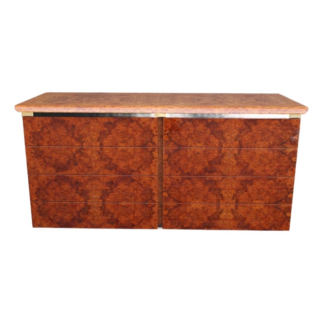 Italian Credenza in High Gloss Burl and Brass, Italy - 1970's For Sale