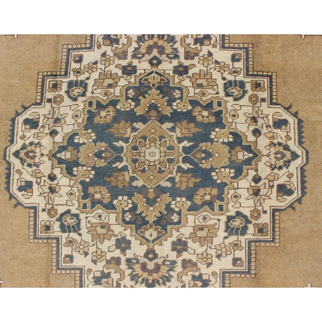 Blue Mid 20th Century Vintage Turkish Oushak With Floral Medallion in Mustard Olive Blue and Cream For Sale - Image 8 of 10