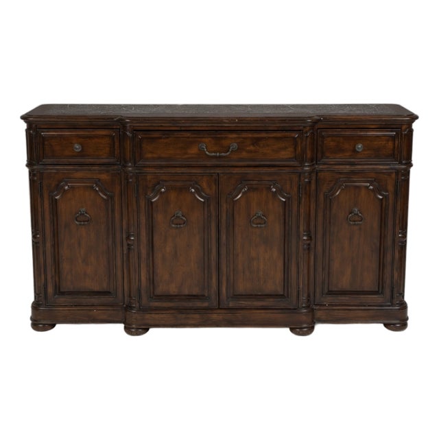 1990s Bernhardt Old World Dark Mahogany & Marble Top 4-Door Sideboard Buffet For Sale