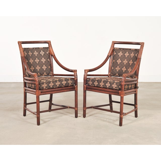 Wood Set of Four McGuire Rattan Target Upholstered Dining Armchairs For Sale - Image 7 of 18