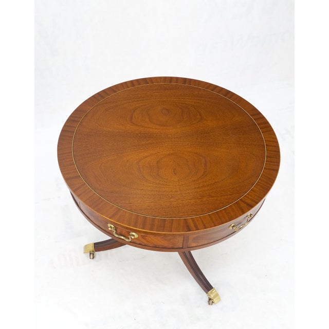Baker Furniture Company Baker Banded Mahogany Two Drawers Round Drum Gueridon Center Table Pencil Inlay For Sale - Image 4 of 11