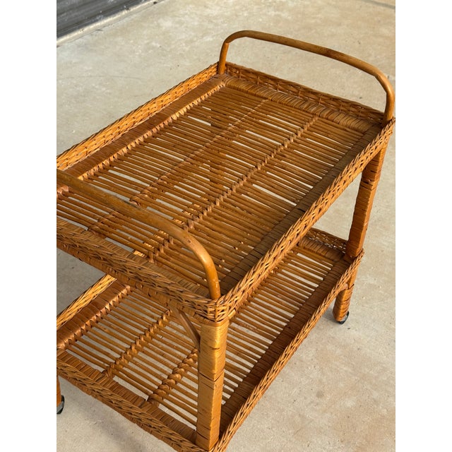 Wood C. 1970s Mid Century Modern Italian Franco Albini Style Rolling Bamboo Bar Cart For Sale - Image 7 of 11