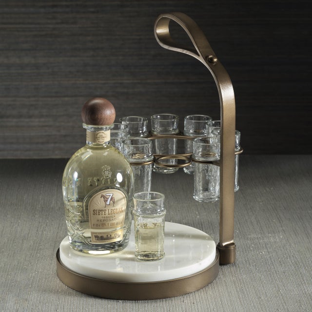 Glass Tequilero 10-Piece Tequila Shot Set with Marble Cutting Board, Gold For Sale - Image 7 of 8