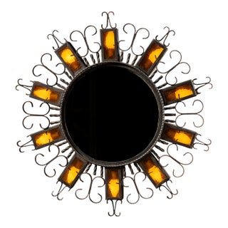 Vintage Spanish Revival Wrought Iron Sunburst Mirrored Light Fixture For Sale