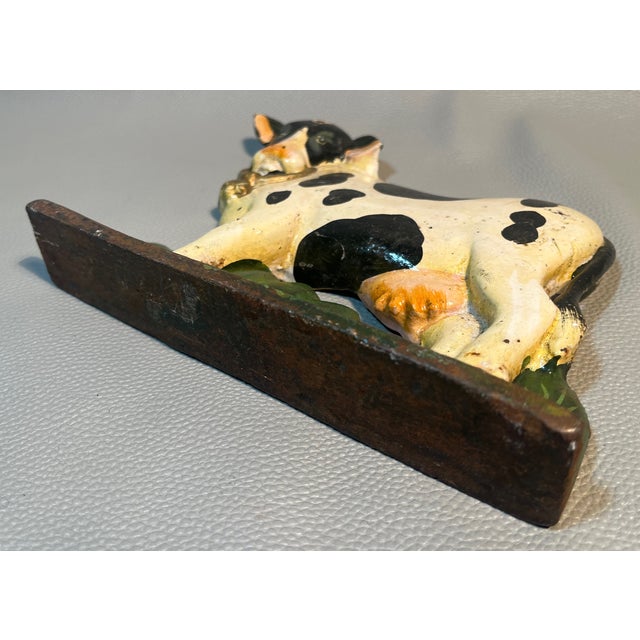 Metal Cast Iron Holstein Cow Doorstop Folk Art Farmhouse Vintage Chippy Paint Signed For Sale - Image 7 of 8