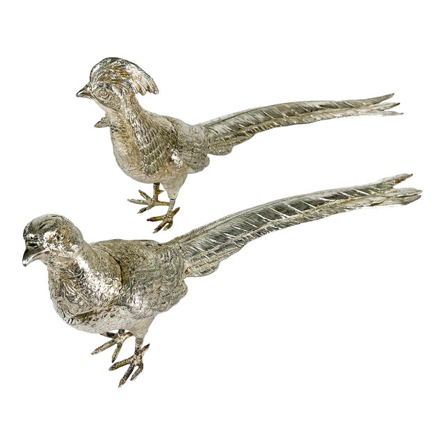 Early 20th C Vintage French Chippendale Hollywood Regency Game Bird Pheasant Silverplate Figurals - An Opposing Pair For Sale