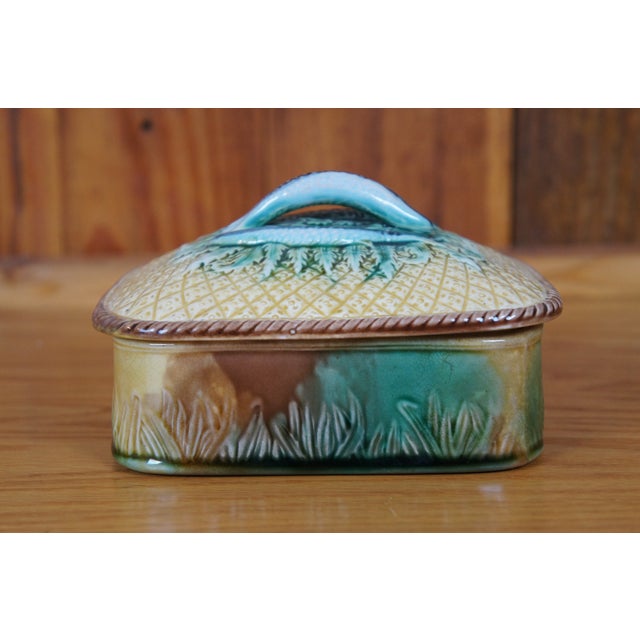 Ceramic Antique Majolica Adams & Bromley Pineapple Basketweave Sardine Fish Box For Sale - Image 7 of 10