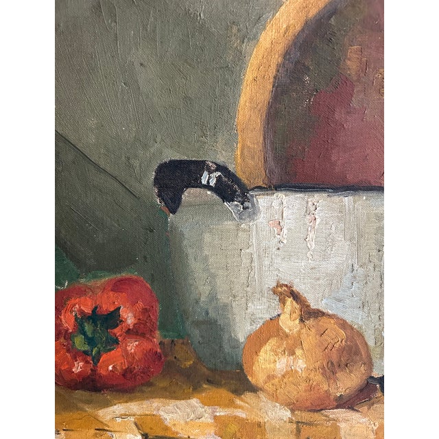 Antique Still Life of Vegetables on Checkers Tablecloth With Wood Bowl Oil Painting in Gold Frame For Sale - Image 4 of 6