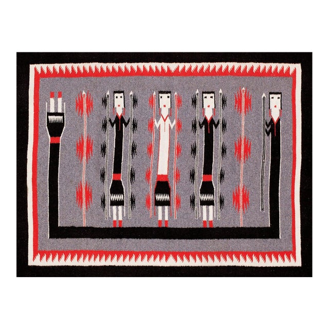 1940s Gray Tribal Geometric Vintage American Navajo Yei Rug 2'10" × 3'10" Flatweave Wool Carpet For Sale