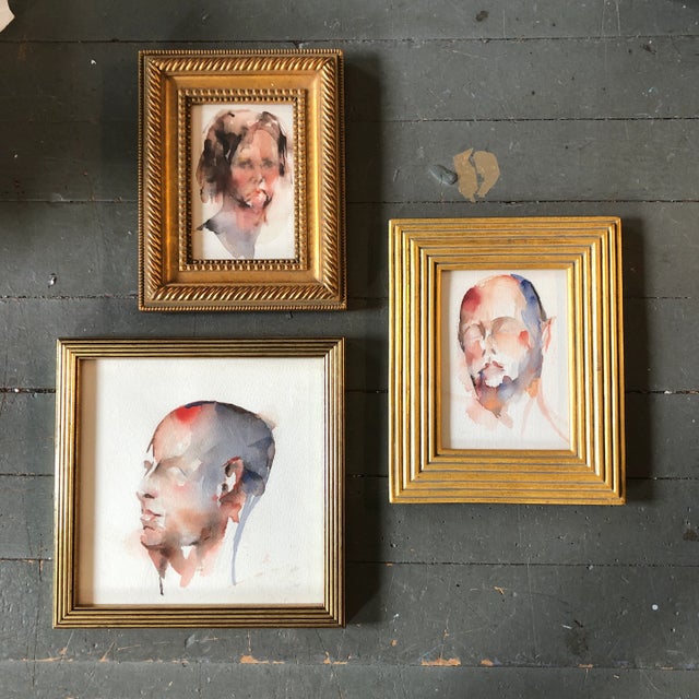 Gallery Wall Collection-3 Vintage Abstract Watercolor Portrait Paintings -Set of 3 For Sale In Philadelphia - Image 6 of 6