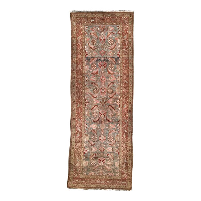 1940s Muted Herati Runner Slate Blue Soft Plush Pile Rug 3.6 x 10 For Sale