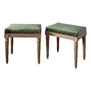 French Louis XVI Upholstered Painted Ottomans, 19th Century, Set of 2 For Sale