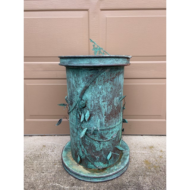 Vintage English Country Classical Verdigris Iron Sundial on Copper Pedestal Base "Grow Old Along With Me" For Sale In South Bend - Image 6 of 12