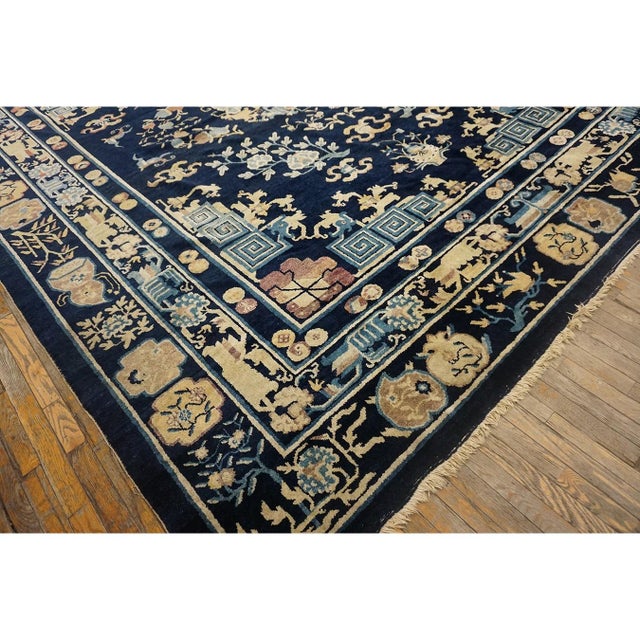 Textile 1890s Navy Blue Medallion Qing Antique Chinese Peking Room Size Wool Pile Rug For Sale - Image 7 of 10