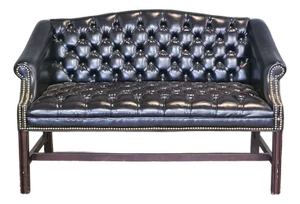 Late 20th Century Chesterfield Style Black Leather Tufted Leather Settee Mahogany Frame Nailhead Trim