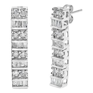 14K White Gold 1 1/3 Cttw Alternating Round And Baguette Diamond Drop Earrings (H-I Color, SI2-I1 Clarity) For Sale