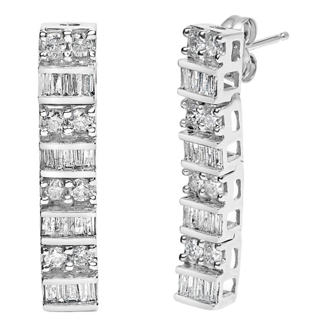 14K White Gold 1 1/3 Cttw Alternating Round And Baguette Diamond Drop Earrings (H-I Color, SI2-I1 Clarity) For Sale