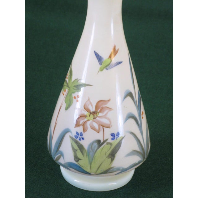 Late 19th Century Late 19th Century Vase White Opalescent Glass, Hand Painted Enameled Flowers, Mouth Blown, Victorian For Sale - Image 5 of 11
