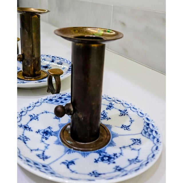 1970s Pair of Vintage Royal Copenhagen Blue Fluted Brass Push-Up Chambersticks, Denmark For Sale - Image 5 of 15