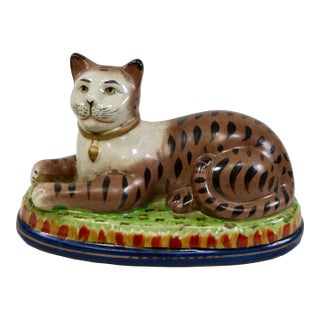 Vintage Staffordshire Recumbent Cat Mantle Statue Figurine Left Facing For Sale