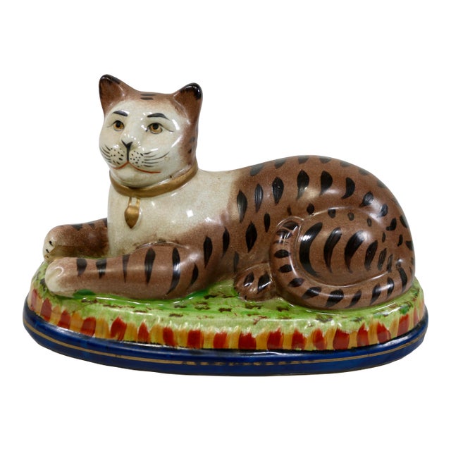 Vintage Staffordshire Recumbent Cat Mantle Statue Figurine Left Facing For Sale