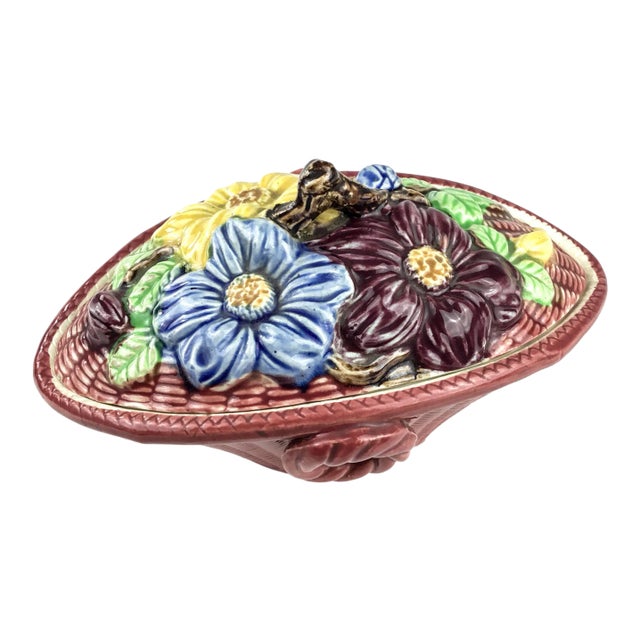 Colorful Japan Produced Majolica Covered Ceramic Basket For Sale