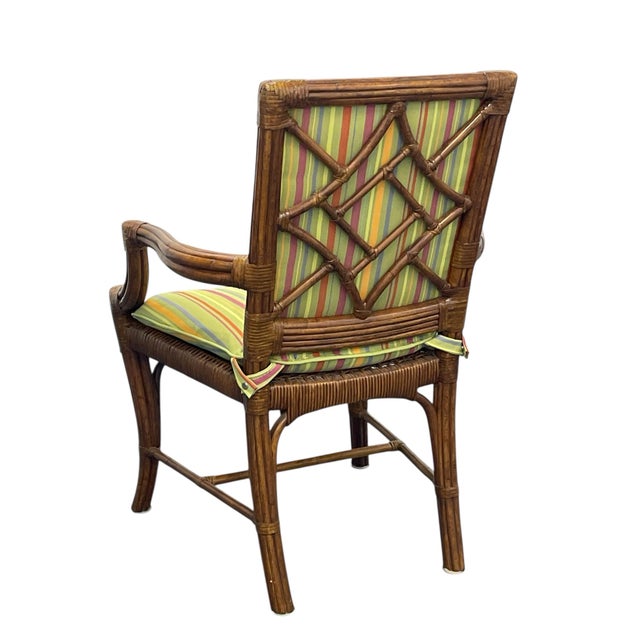 Brown Lane Venture Tradewinds Rattan Arm Chairs, Set of Six, Excursions, Chippendale Style, Striped Upholstery For Sale - Image 8 of 12