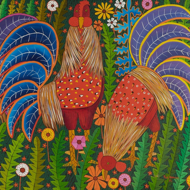 1970s Vintage Haitian Painting of Three Roosters by Paul Nemours For Sale - Image 5 of 13