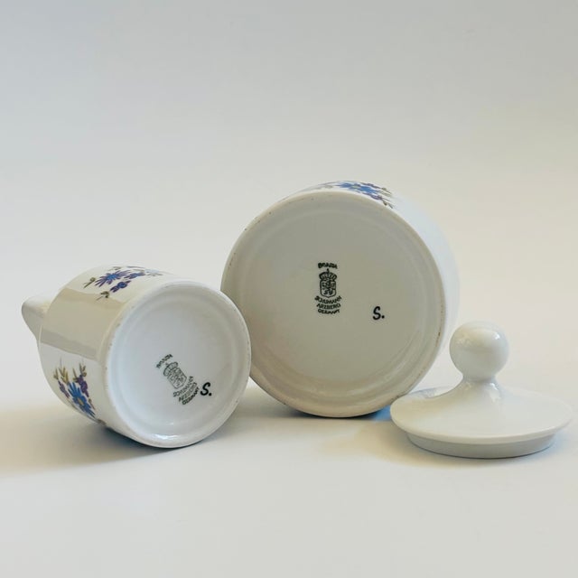Mid Century Bavarian Porcelain Cream and Sugar With Blue Floral Design - Made by Schumann Porcelain- Arzberg, Germany 1960s For Sale - Image 10 of 11