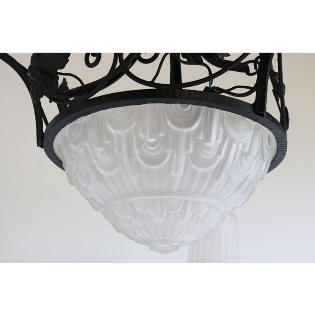 Black Antique French Art Deco Geometric Wrought Iron and Frosted Glass Chandelier, 1930 For Sale - Image 8 of 15
