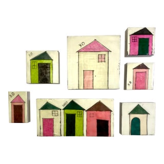Encaustic Collage Collection by Gina Cochran - "Tiny Dwellings" Series - Kiwi & Flamingo - Set of 7 For Sale