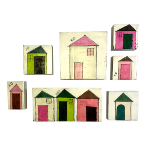 Encaustic Collage Collection by Gina Cochran - "Tiny Dwellings" Series - Kiwi & Flamingo - Set of 7