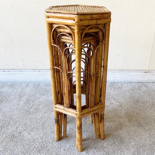 Wood Boho Chic Hexagonal Tortoise Shell Bamboo Nesting Pedestals For Sale - Image 7 of 11