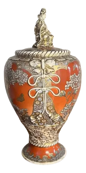 Large Antique Japanese Satsuma Lidded Vase, 1900