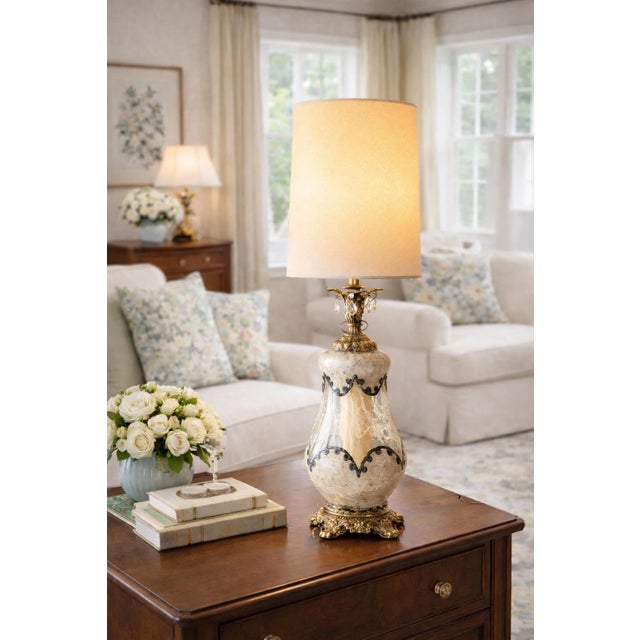 Hollywood Regency Stately 1950s Hollywood Regency Gilt & Hand-Decorated Glass Table Lamp — Elaine R. Estate For Sale - Image 3 of 7
