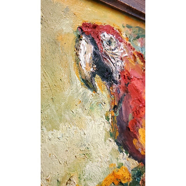 Offering a vintage impasto oil painting of a Red Scarlet Macaw parrot, circa Late 20th Century. Signed by the artist. This...