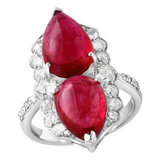 7 Ct Finest Rubelite Cabochon 1 Ct Diamond 18 Kt White Gold Cocktail Ring Size 6 For Sale