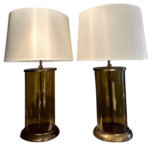 Large Glass and Patinated Brass Table Lamps, 1980s, Set of 2