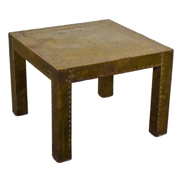 1970's Brass-Clad Riveted Sarried Style Parsons Occasional Table For Sale