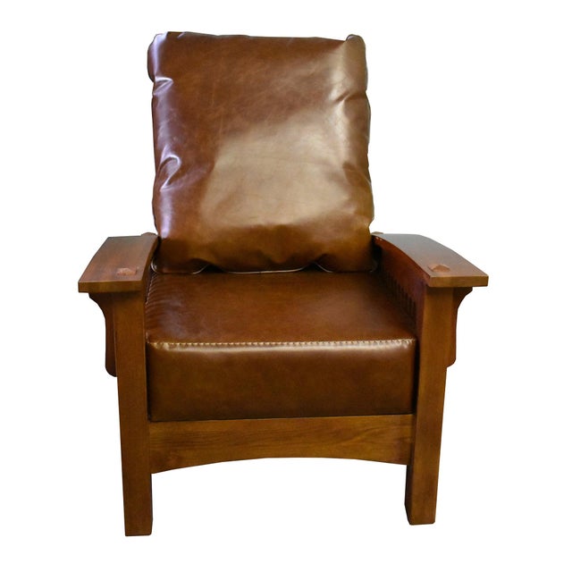 Craftsman / Mission Leather and Oak Morris Chair - Chestnut For Sale - Image 4 of 7