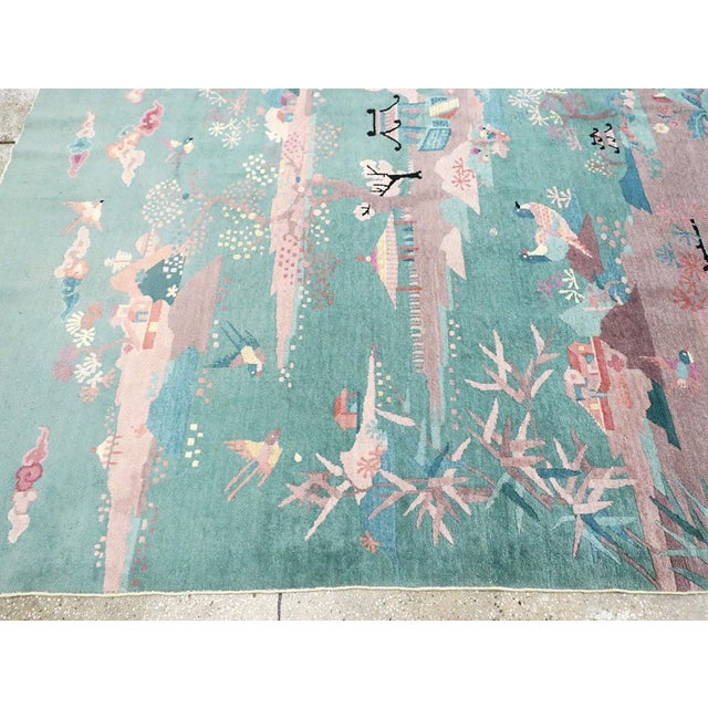 Robin's Egg Blue Galerie Shabab Collection Mid-20th Century Handmade Chinese Art Deco Room Size Carpet in Seafoam Green For Sale - Image 8 of 10
