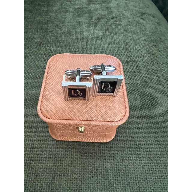 Art Deco Vintage Christian Dior Silver Plated Logo Cufflinks Circa 1970 In Bochic Case For Sale - Image 3 of 10