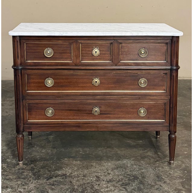 Wood Antique French Louis XVI Mahogany Commode With Carrara Marble For Sale - Image 7 of 17