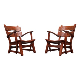 Set of Low Mid-Century Brutalist Arm Chairs in Oak, 1960 For Sale