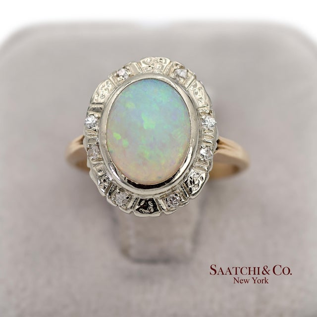 White 13k White and Yellow Gold Vintage Natural Diamond and Natural Opal Ring For Sale - Image 8 of 12